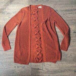 Open-Front Rust Knit Cardigan with Back Lattice Detail